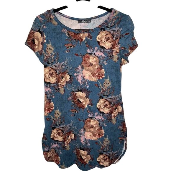 Pinc Tops - Pinc‎ TeeTunic Women's L Stretch Velour Boho Short Sleeve Y2K FloralBlueRose